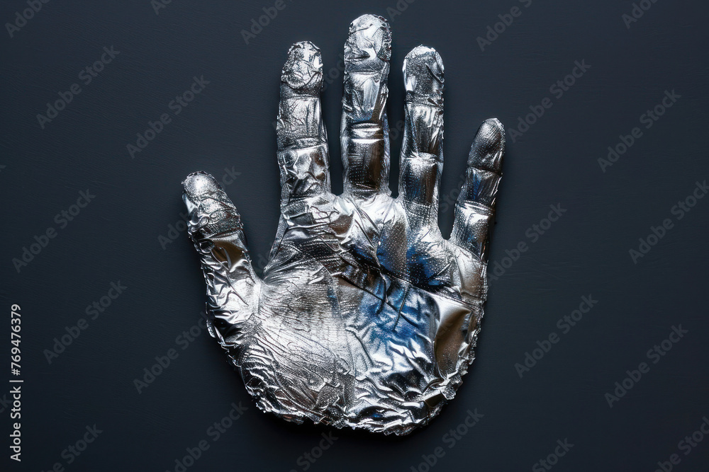Naklejka premium Handprint on Aluminum Foil., Abstract Textured Fingerprint