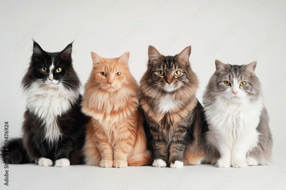 Four Majestic Long-Haired Cats Sitting Side by Side Against a Neutral Background