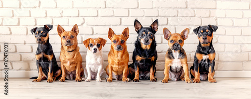 Line of seven small dogs with attentive gazes, variety of coat colors against white brick background. Symmetry and sharpness showcase each dog's features