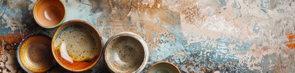 Collection of various bowls displayed on a wall, showcasing rough pottery textures in an abstract form, background, wallpaper, banner, copy space Collection of various bowls displayed on a wall, showcasing rough pottery textures in an abstract form, background, wallpaper, banner, copy space