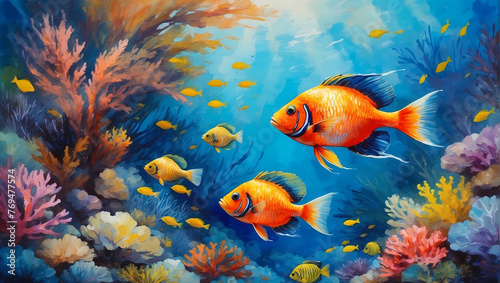 3D Underwater fishes living room wallpaper, 3d illustration for wall decoration High quality wall art. © wasan