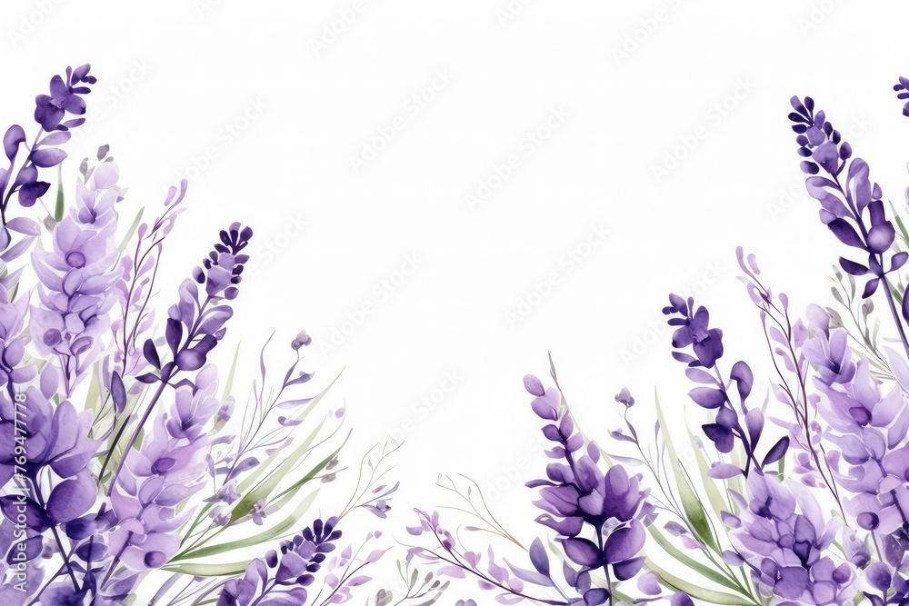 Obraz premium watercolor of lavender flowers frame, botanical border, Flowers lavender, watercolor with space for text on isolated background. 