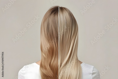 A split image showing a womans hair before and after receiving keratin treatment at a salon. Concept Hair Transformation, Salon Visit, Before and After, Keratin Treatment, Beauty Makeover