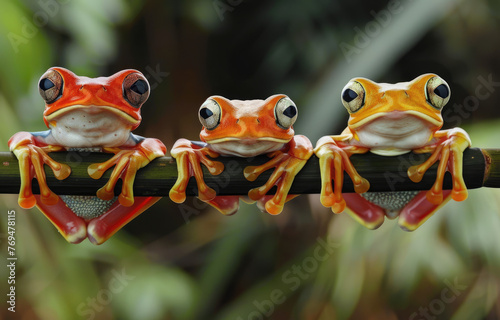 Three cute flying frogs sitting on bamboo