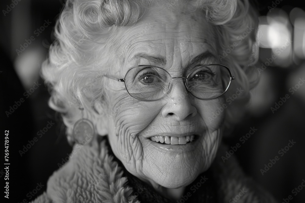 A spirited grandmother with twinkling eyes, sharing a witty joke that brings smiles all around A spirited grandmother with twinkling eyes, sharing a witty joke that brings smiles all around