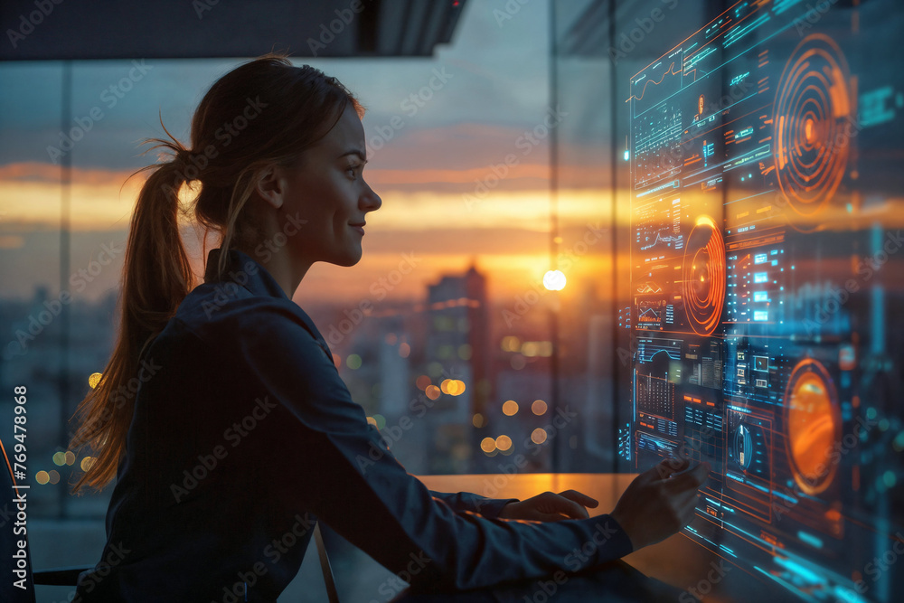 Businesswoman analyzing data on touchscreen at dusk. Generative AI Businesswoman analyzing data on touchscreen at dusk. Generative AI