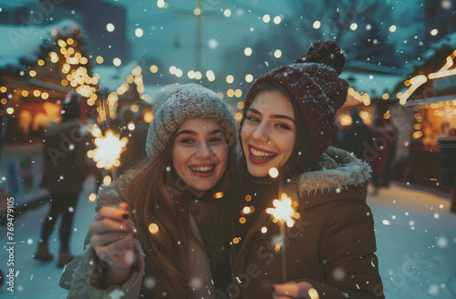 Two happy young women in winter holding sparklers at a Christmas market, having fun together on a snowy day outdoors © Kien