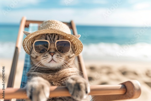 Funny cat in sunglasses and beach hat relaxing sitting on deckchair having a rest on vacation trip.