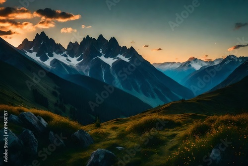 Mountains at dusk. Gorgeous summertime scenery in the outdoors