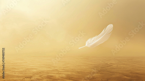 A minimalist and simple photograph of an ethereal feather, delicately floating in the midst of a hazy, muted sunlit plain.