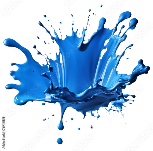 Liquid blue paint making big splash and drops isolated