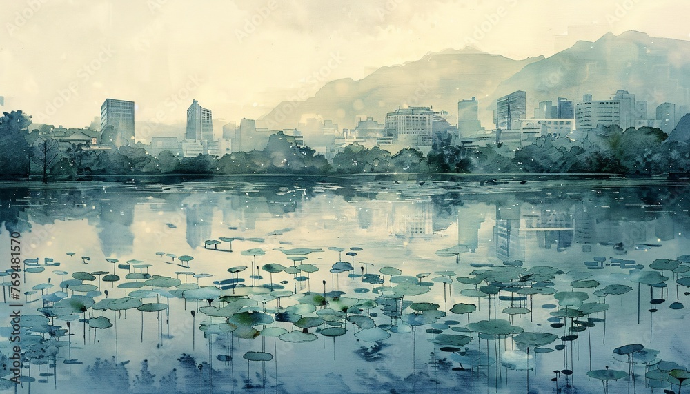 Naklejka premium Foggy Cityscape with Lily Pads and City Skyscrapers Generative AI