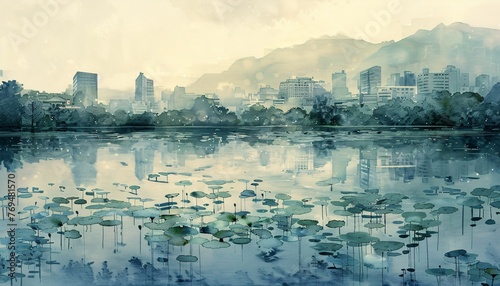 Foggy Cityscape with Lily Pads and City Skyscrapers Generative AI