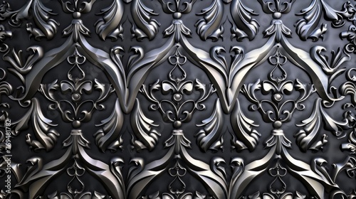 Close-up of a metal plate featuring a sleek and modern silver and black arabesque pattern, ideal for use as a background, backdrop, or wallpaper