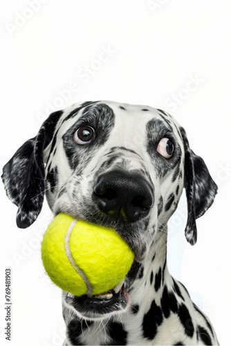 An adorable Dalmatian dog stares directly at the viewer while gripping a bright yellow tennis ball in its mouth against a white background