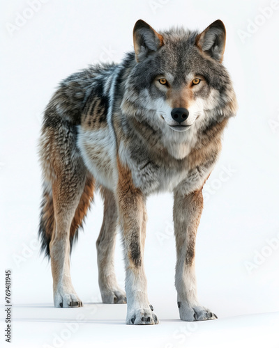 A majestic grey wolf stands attentively in a bright environment, showcasing its wild beauty and detailed fur texture