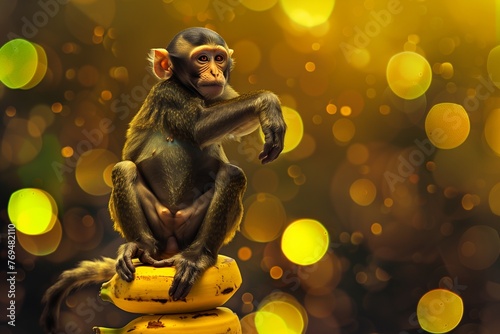 A comical monkey balancing atop a stack of bananas, pretending to be a circus performer.  photo