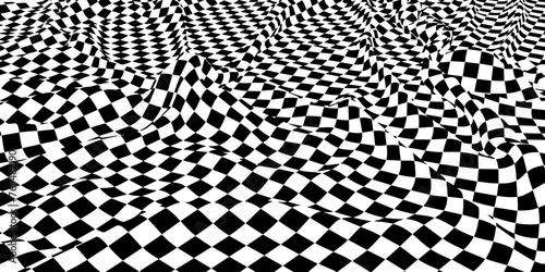 Abstract vector background chaotic wavy surface with curve pattern black squares. Black checkers isolated on white.