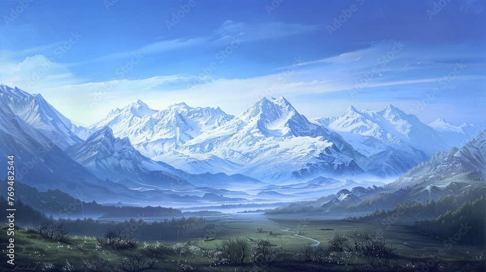 April Showers Bring May Flowers A Painting of a Mountain Range with Snow-Capped Peaks and a Foggy Valley Generative AI