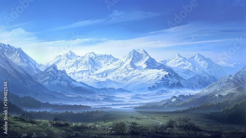 April Showers Bring May Flowers A Painting of a Mountain Range with Snow-Capped Peaks and a Foggy Valley Generative AI