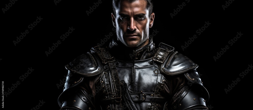 A fictional character in armor stands in darkness, gazing at the camera. Resembling an action figure from an action film, this art piece portrays mystery and strength A fictional character in armor stands in darkness, gazing at the camera. Resembling an action figure from an action film, this art piece portrays mystery and strength