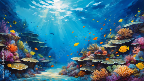 3D Underwater fishes living room wallpaper, 3d illustration for wall decoration High quality wall art. © wasan