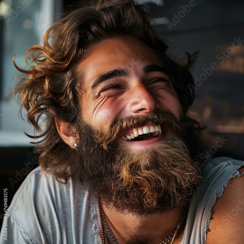 Joyful Hipster Man with Beard Laughing Wholeheartedly photo