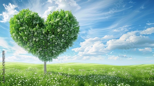 Flower Power A Heart-Shaped Tree in a Field of White Flowers Generative AI
