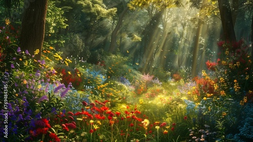 Sunlight streaming through the canopy of a dense forest, illuminating a carpet of vibrant wildflowers below.
