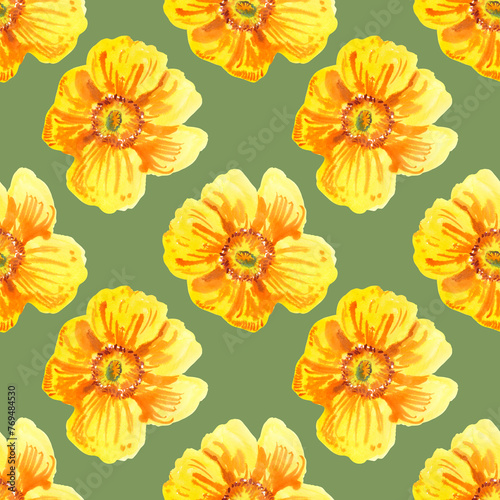 Seamless pattern of yellow poppy flowers painted with watercolours.  Floral illustration on a green background. Botanical of garden and wild plants. For fabric  sketchbook  wallpaper  wrapping paper.