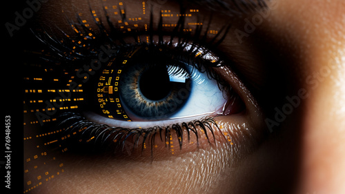  The mesmerizing glow of a holographic display mirrored in the iris of a woman's eye, suggesting her seamless interaction with futuristic technology.