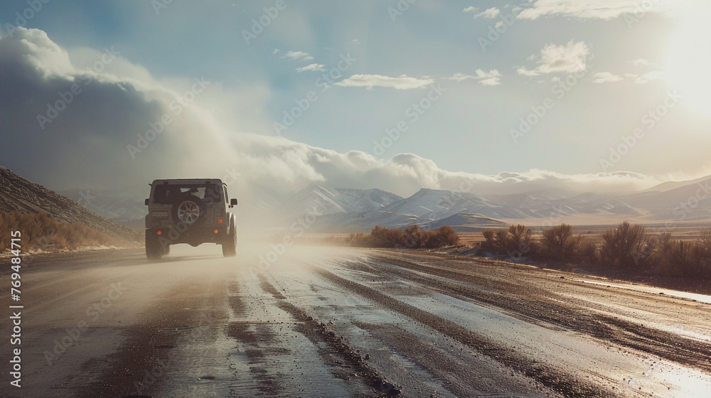 Close-up image of a car driving through a wet road after rain. Close-up image of a car driving through a wet road after rain.