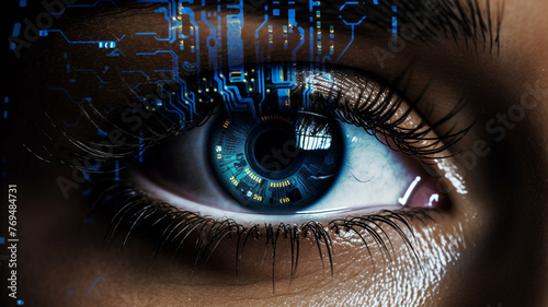  The mesmerizing glow of a holographic display mirrored in the iris of a woman's eye, suggesting her seamless interaction with futuristic technology.