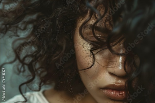 A woman with frizzy hair possibly in need of stress-related hair treatment. Concept Frizzy Hair, Stress, Hair Treatment, Beauty Tips, Self-Care