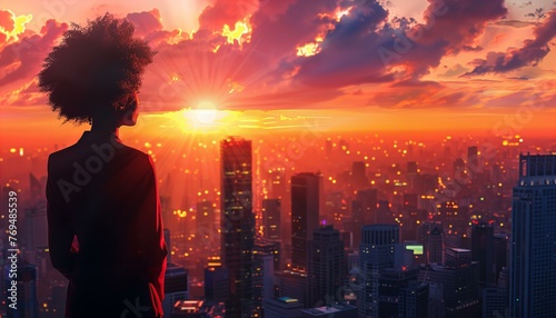 Woman Overlooking the City Sunrise