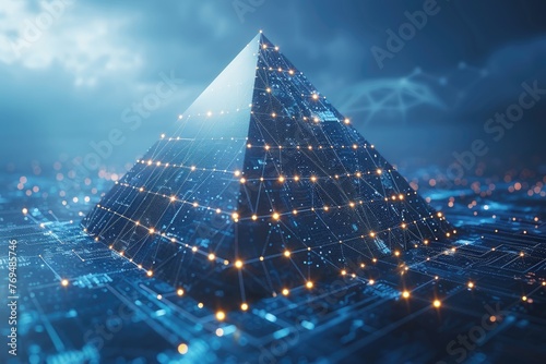 Soaring Upwards Pyramid Growth Arrow in Futuristic Low Poly Wireframe Style with Boosting Sign in Technological Blue Banner – Digital Development Progress Concept