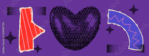 Set of tear paper shapes collage rip with y2k pixel element. Cut color shape with torn edge. Set doodle scrap. Vector illustration