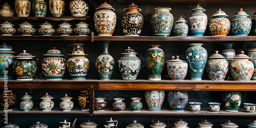 Collection of colorful Portuguese ceramic, Many Many Vases Lined Up Into A Bookcase And A Clock Background. 


 photo