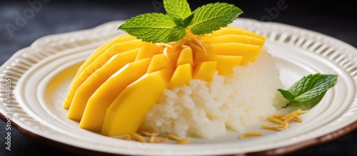 A plate of rice and mango slices, a delicious fusion of ingredients for a tropicalinspired dish. The vibrant colors and fresh flavors make it a perfect addition to any table setting photo