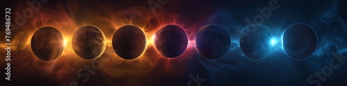 A succession of solar eclipse phases with vibrant corona visible, background, wallpaper, cosmic banner photo