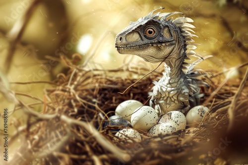 Adorable Baby Velociraptor Dinosaur Nestling in a Nest with Eggs  Prehistoric Life Concept  Jurassic Era Scene  Paleontology Themed Illustration