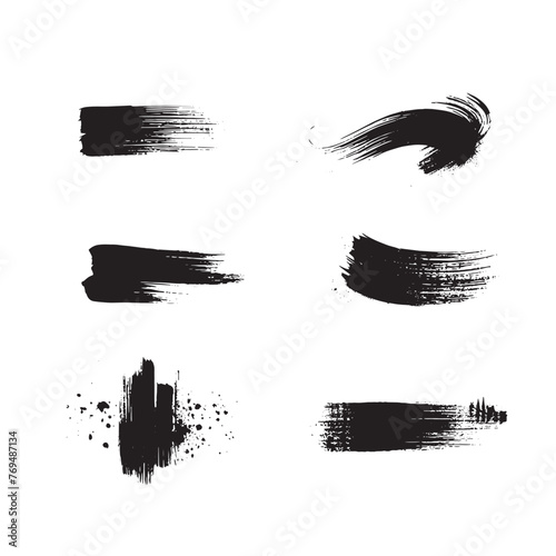 Black abstract paint Brush Stroke Set on white background Each with Unique Style