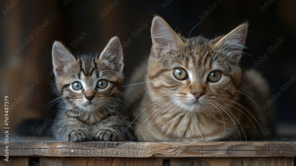 photo shoot, mother cat with kitty on a wooden floor with black background