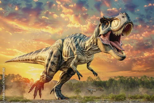 Ferocious Tyrannosaurus Rex Dinosaur Roaring at Sunset in a Prehistoric Landscape