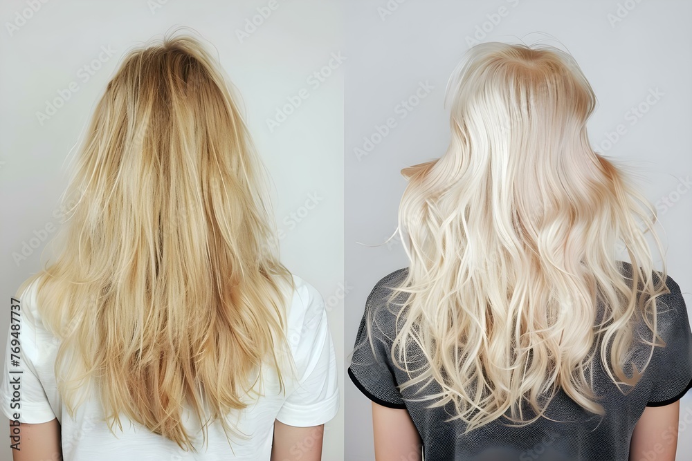 Blonde woman's hair transformation from damaged to healthy after salon visit. Concept Hair Transformation, Blonde Hair, Salon Visit, Healthy Hair, Before and After Blonde woman's hair transformation from damaged to healthy after salon visit. Concept Hair Transformation, Blonde Hair, Salon Visit, Healthy Hair, Before and After