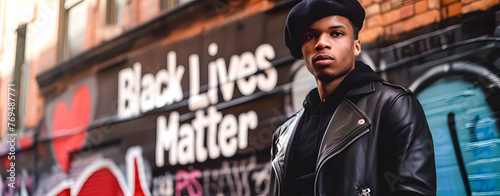 A young African-American man next to graffiti that reads "black lives matter" © TopMicrobialStock