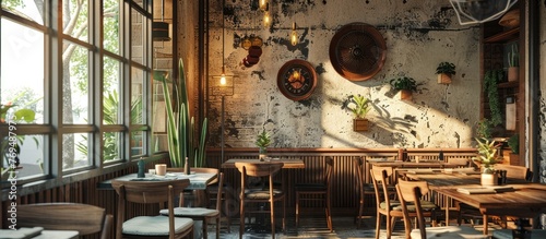 Retro-style dining space featuring wooden furnishings and attractive wall decor. © Vusal