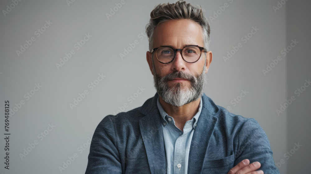 Portrait of a handsome mature man with gray hair and beard wearing glasses - obrazy, fototapety, plakaty 