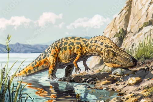 Prehistoric Reptile Illustration of a Large Spotted Dinosaur near a Water Source with Lush Vegetation and Rocky Terrain in the Background