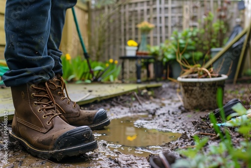 gardeners boots next to a puddle in a backyard